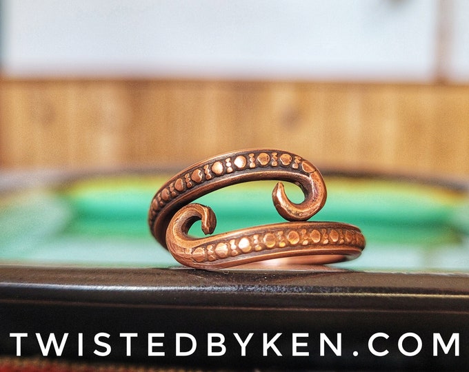 Adjustable, Handmade, Spiral Tentacles, Antiqued Copper, Crocheting Ring, Fashioned From 8 Gauge Wire, Style 2, TBK-079