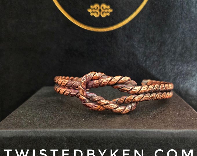 Handmade Recycled & Antiqued Copper Cuff Bracelet, Rope Knot, Textured Square Knot