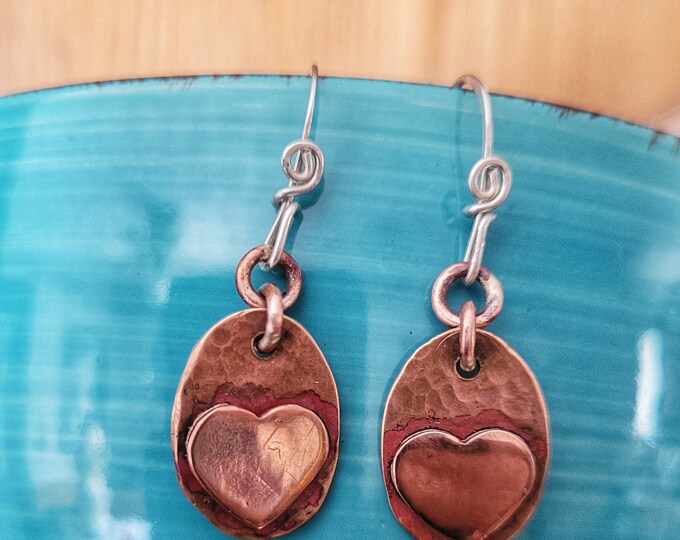 Recycled Copper Earrings, Heart Shaped Adornment With Hammered Texture, Sterling Earwires TBK009