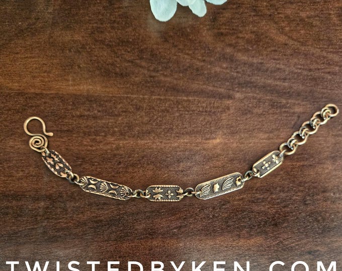Handmade Recycled Copper Chain Bracelet with Unique Patterned Tiles, Custom Sized, Eco-Friendly Jewelry TBK088