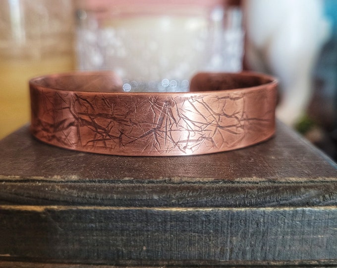 Handmade, Antiqued Copper Cuff Bracelet, Made From Recycled Copper Tubing, 1/2in Wide, Adjustable. Faux Leather Texture, TBK044