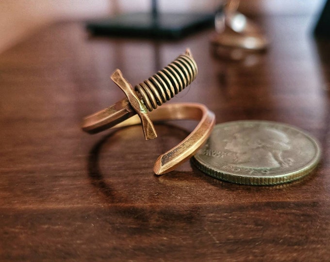 Adjustable, Handmade, Antiqued Copper Sword Ring, Spiral Band, Fashioned From 8, 14, 20 Gauge Wire, Twisted By Ken TBK068