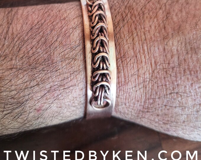 Handmade, Recycled Copper Tubing Cuff Bracelet, With Shaped Box Weave Adornment, 1/2in Wide, Adjustable. Free Standard Shipping TBK022