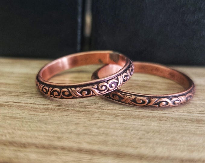 Handmade Antiqued Copper Ring, Patterned Swirl & Scroll Texture, 3mm Band -Twisted By Ken