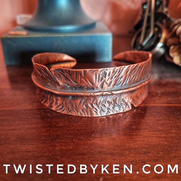 Feather Shaped, Antiqued, Copper Cuff Bracelet, Handmade From Recycled Copper Pipe, 1in Width, Free Shipping, Satisfaction Guarantee