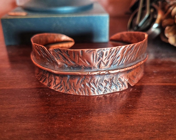 Feather Shaped, Antiqued, Copper Cuff Bracelet, Handmade From Recycled Copper Pipe, 1in Width, Free Shipping, Satisfaction Guarantee