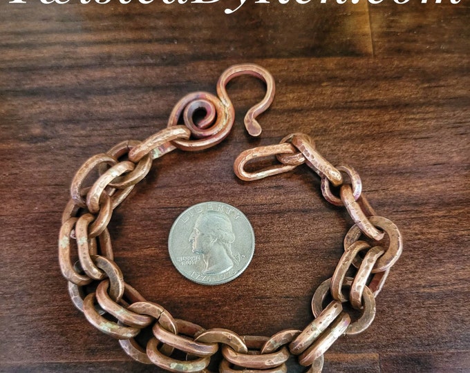 Handmade Chunky, Hammered Antiqued Copper, Anchor Chain & Large Link Bracelet, Adjustable 8.5-10in,  Soldered Links, Free Shipping TBKO54