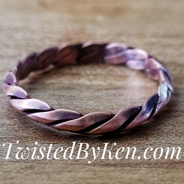 Handmade, Antiqued Copper Ring, Stackable, Twisted Triple Strand Milled Wire. Twisted By Ken