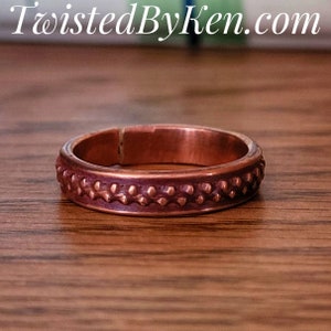 Handmade, Knobby Patterned, Antiqued Copper Ring, Stackable, Fashioned From 8 Gauge Wire. 4.25mm, 11/64th Inch Wide Twisted By Ken TBK013