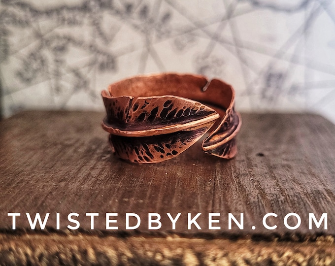 Recycled Copper Feather Ring, Approximately 15mm Width, Fold Formed And Hammered Texture, Made From Recycled Copper Pipe, Made To Size