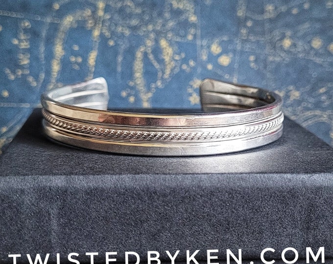 Triple Strand, Sterling Silver Cuff Bracelet Handmade From American Sourced Silver Wire, Twine Patterned & Framed, ~11mm (7/16in) Width