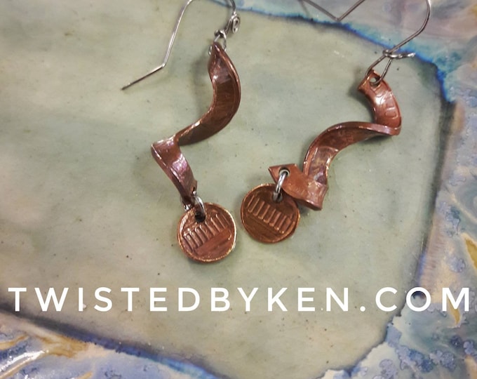 Handmade Penny Spiral Earrings, Drop Dangle Copper Jewelry, Stainless Steel Ear Wires, 2 Inch Twisted Spiral Design, TwistedByKen TBK007