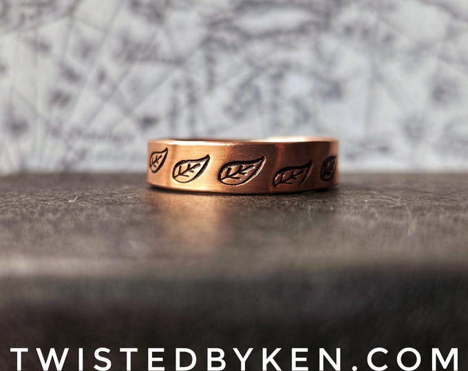 Handmade Recycled Copper Leaf Ring, Comfort Fit Band, Hand Stamped Leaves, Custom Size - TwistedByKen