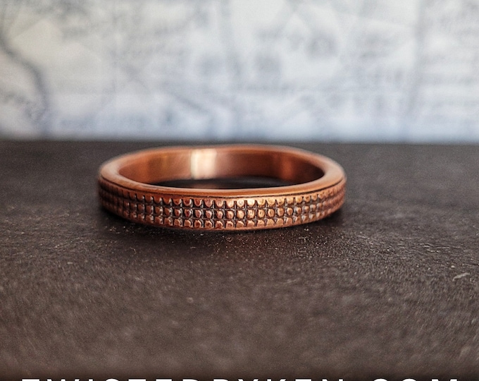Handmade, Patterned, Antiqued Copper Ring, Stackable, Fashioned From 8 Gauge American Sourced Wire. 4.25mm, 11/64th Inch Wide TBK082