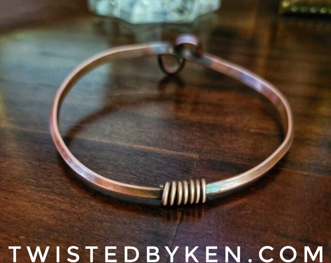 Copper Bangle Bracelet, A Wire Wrap & Loops Accent, Handmade, Antiqued Copper, Natural Patina, 5/32in 4mm Width, TBK060821