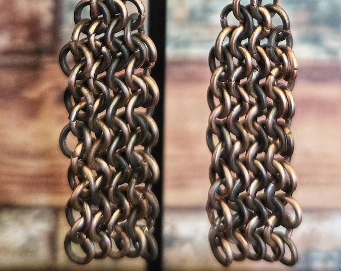 Handmade Copper Chainmaille Chandelier Earrings with Upcycled Coin Focal and Sterling Silver Earwires - Boho Dangle Earrings, 3-Inch Drop