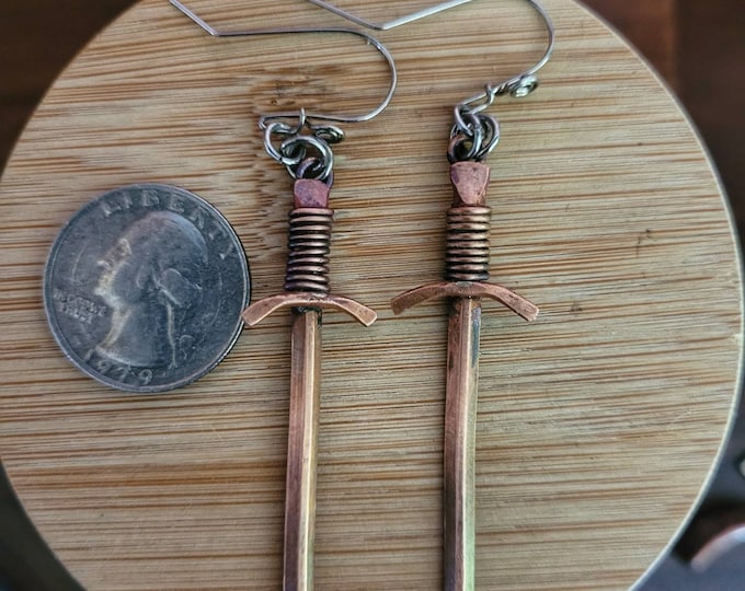 Handmade, Antiqued Copper, Sword, Drop & Dangle Earrings. 3 Inch Dangle. Free Shipping TBK059