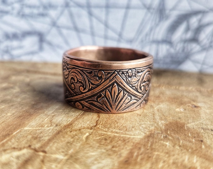 Handmade Seamless Copper Ring, Recycled Copper, Die Struck Scrolling Floral Design, 1/2 Inch Wide Band