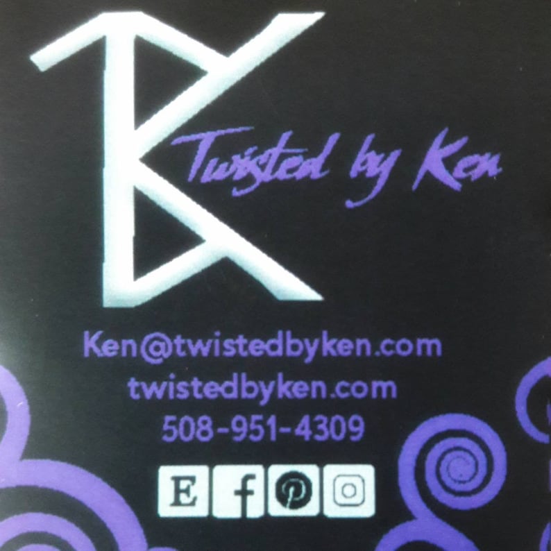 May include: A white stylized letter K with a purple and white design. The text "Twisted by Ken" is written in purple below the letter. The text "Ken@twistedbyken.com", "twistedbyken.com", and "508-951-4309" is written in white below the design. The text "E f P O" is written in white below the phone number.