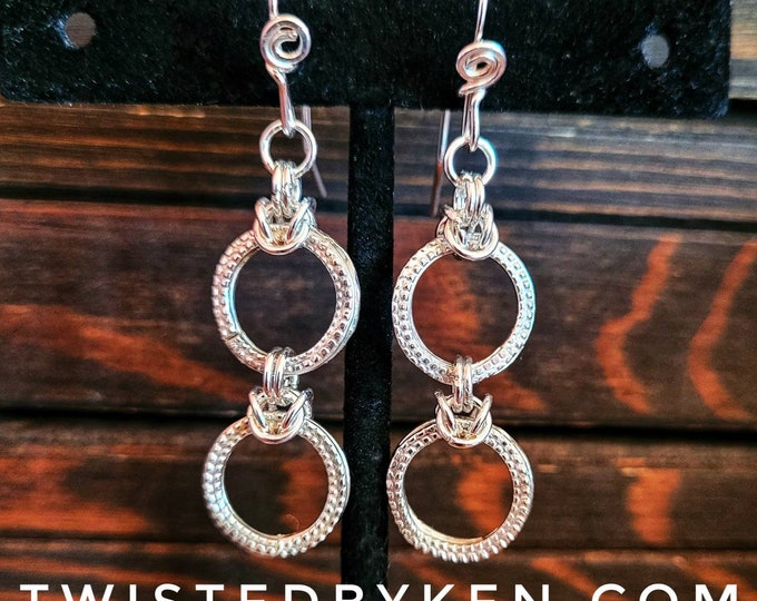 Sterling Silver, Handmade, 2in, Drop & Dangle Chain Maille Double Mini-Hoop, Textured Earrings, Handmade Earwires TwistedByKen TBK061