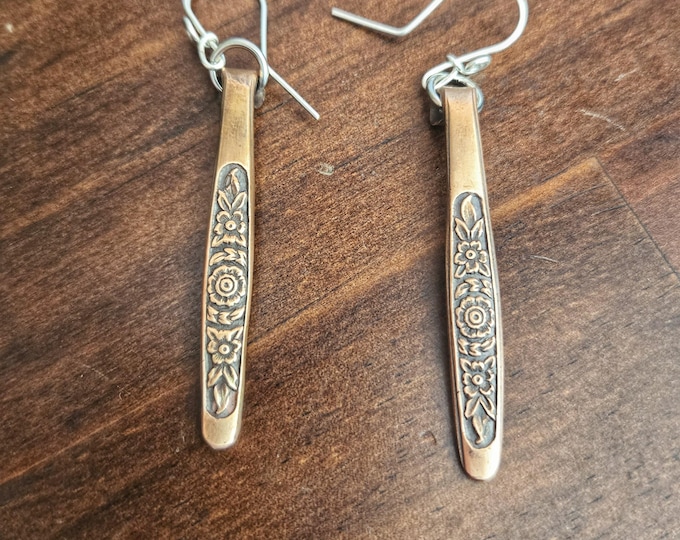 Handmade Antiqued Copper Floral Dangle Earrings, Recycled 4ga Copper, Sterling Silver Earwires