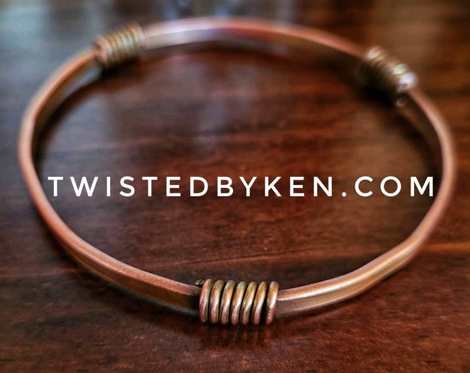 Copper Bangle Bracelet, 3 Wire Accents, Handmade, Antiqued Copper, Natural Patina, 5/32in 4mm Width, TBK058