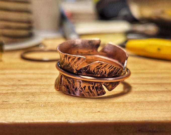 Recycled Copper Feather Ring, Approximately 15mm Width, Fold Formed And Hammered Texture, Made From Recycled Copper Pipe, Made To Size