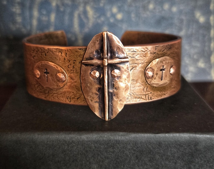 Handmade Recycled Copper Statement Cuff Bracelet, Fold Formed Cross, Stamped Tiles, Chunky, Recycled 1/2" Pipe, Custom Size TwistedByKen