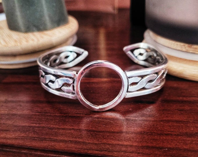 Handmade Sterling Silver Cuff Bracelet for Men & Women - Woven Celtic Design, Circular Focal, 8-9 Size, 1/2in Wide, Hefty 8ga Wire, TBK037