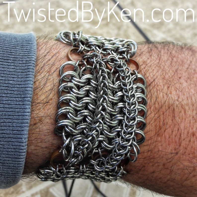 Stainless Chain Maille Bracelet, Kings Maille Weave, Copper Accents, Chain Accents 17ga, Adjustable, 1.75in Wide Free Shipping, TBK050619 image 4