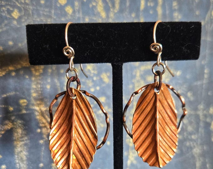 Handmade Recycled Penny Leaf Earrings - Sterling Silver Ear Wires & Organic Wavy Copper Frame - TwistedByKen