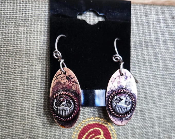 Handmade Patriotic Eagle Earrings - Recycled Coin Oval Dangle - Sterling Silver Ear Wires & Copper TBK038