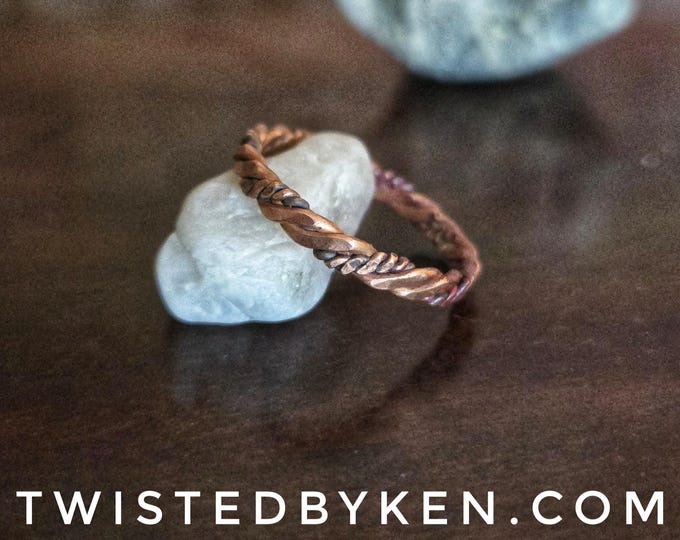 Handmade Antiqued Copper Band Ring - Hammered & Twisted Wire Stackable Ring, 3mm Wide, Unique Textured Design