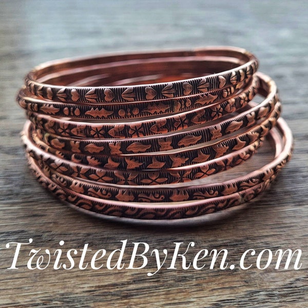 Patterned Copper Bangle Bracelets, Handmade, Antiqued Copper Patina, 5/32in 4mm Width, 8 Patterns To Choose From, Sized To Fit TBK015