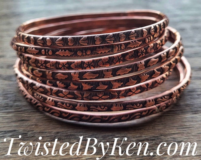 Patterned Copper Bangle Bracelets, Handmade, Antiqued Copper Patina, 5/32in 4mm Width, 8 Patterns To Choose From, Sized To Fit TBK015