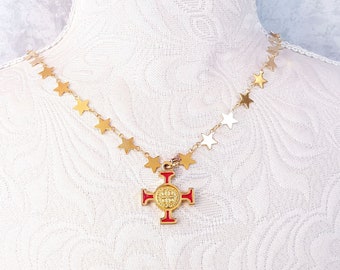 Golden cross necklace, religious jewelry, Christian necklace, star necklace, Elizabethan jewelry, Star-shaped chain necklace