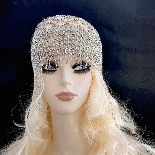 Gatsby beaded helmet hair jewelry, silver headdress, 1920 fringe bead, dance hair cap