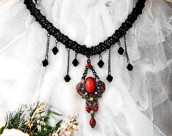 Gotische choker met zwart kant en hangende kettingen "wanhoop" Gotische choker ketting Kralen, Lange kettingen, Sieraden, Gothic