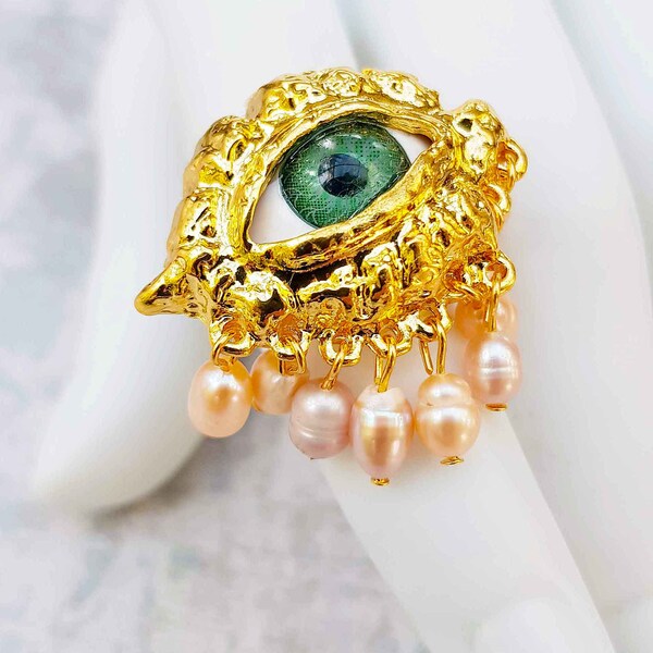 Wicca ring, eye ring, lucky ring, imitation pearl, magic ring, lucky charm, talisman, adjustable ring, Eye of Horus Ring