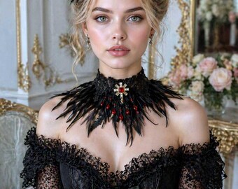 Collier Plumes et  Strass,Col Plume Plumes,épaules plumes,costume, cosplay ,collier strass,bijoux en plumes,collier dentelle,ras du cou noir