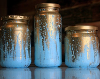 Gold and Blue Splatter Painted Mason Jar Set - Pretty & Metallic Home Decor - Eye-Catching Room / Home Decor Vases - Organizing Storage