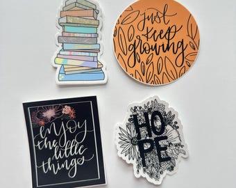Vinyl Stickers Bundle / books / enjoy the little things / just keep growing / hope // water bottle/laptop/journal/bumper sticker