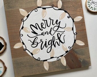 Merry and bright holiday sign // hand painted home decor