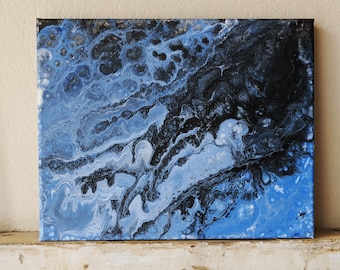 Painted canvas // fluid art // black and blue // home decor // liquid pour // gift