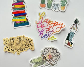 Vinyl Stickers Bundle / happy to be here / books / keep going keep growing / dragonfly / plant lady / waterproof sticker / laptop/journal