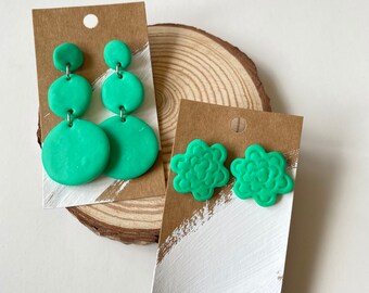 Polymer Clay Earrings // Statement Handmade Earrings // One of a Kind // Green/Teal Dangly Circles