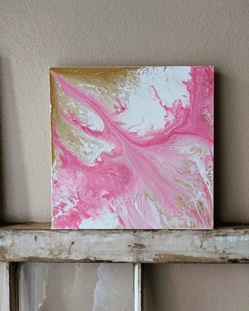Painted canvas fluid art pink white and gold home decor liquid pour gift