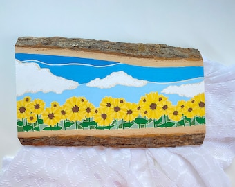 Hand painted wood plank // sunflower field // flower field