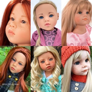 May include: Six different dolls with blonde, red, and brown hair. The dolls are wearing various outfits, including a pink jacket, a pink dress, a blue dress, and a grey sweater. The dolls have realistic features and are made of porcelain.