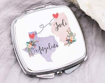 Long Distance Friend Gift / Long Distance Valentines Gift / Connected States Gift / Compact / Two State Mirror / Best Friend Gift